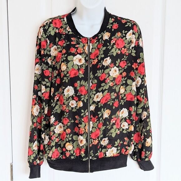 Como BLACK bright floral roses print zip bomber jacket blouse size S @X - Picture 1 of 8